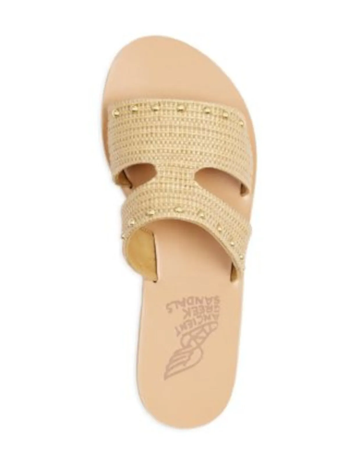 ANCIENT GREEK SANDALS Womens Beige Raffia Studded Apertos Open Toe Slip On Leather Slide Sandals Shoes