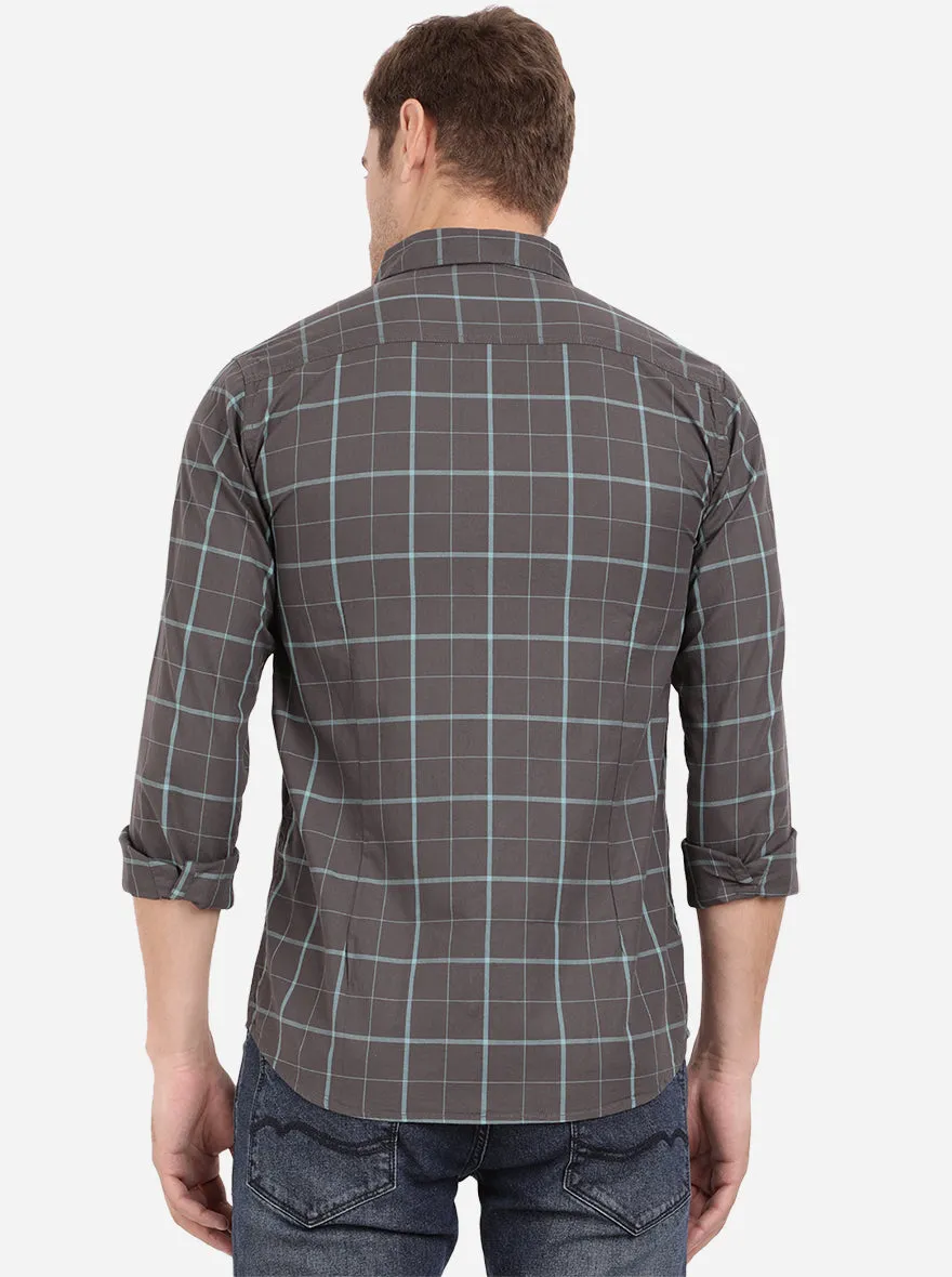 Aqua Blue & Dark Grey Checked Slim Fit Semi Casual Shirt | JadeBlue