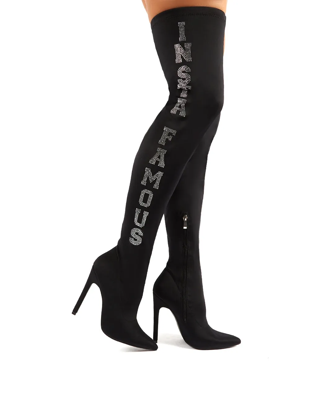 Authority Black Diamante Slogan Heeled Over the Knee Boots