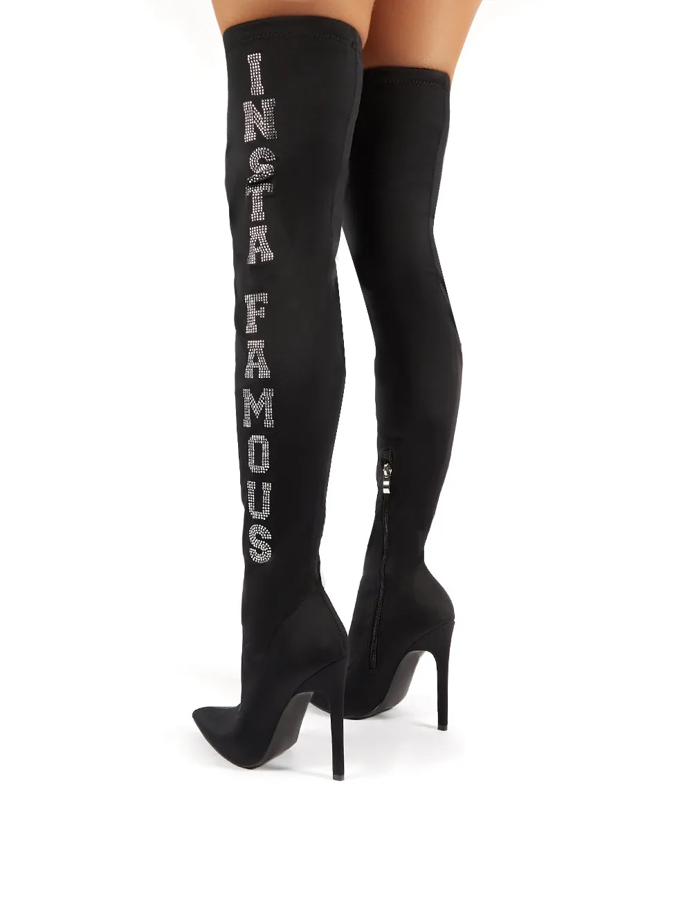 Authority Black Diamante Slogan Heeled Over the Knee Boots