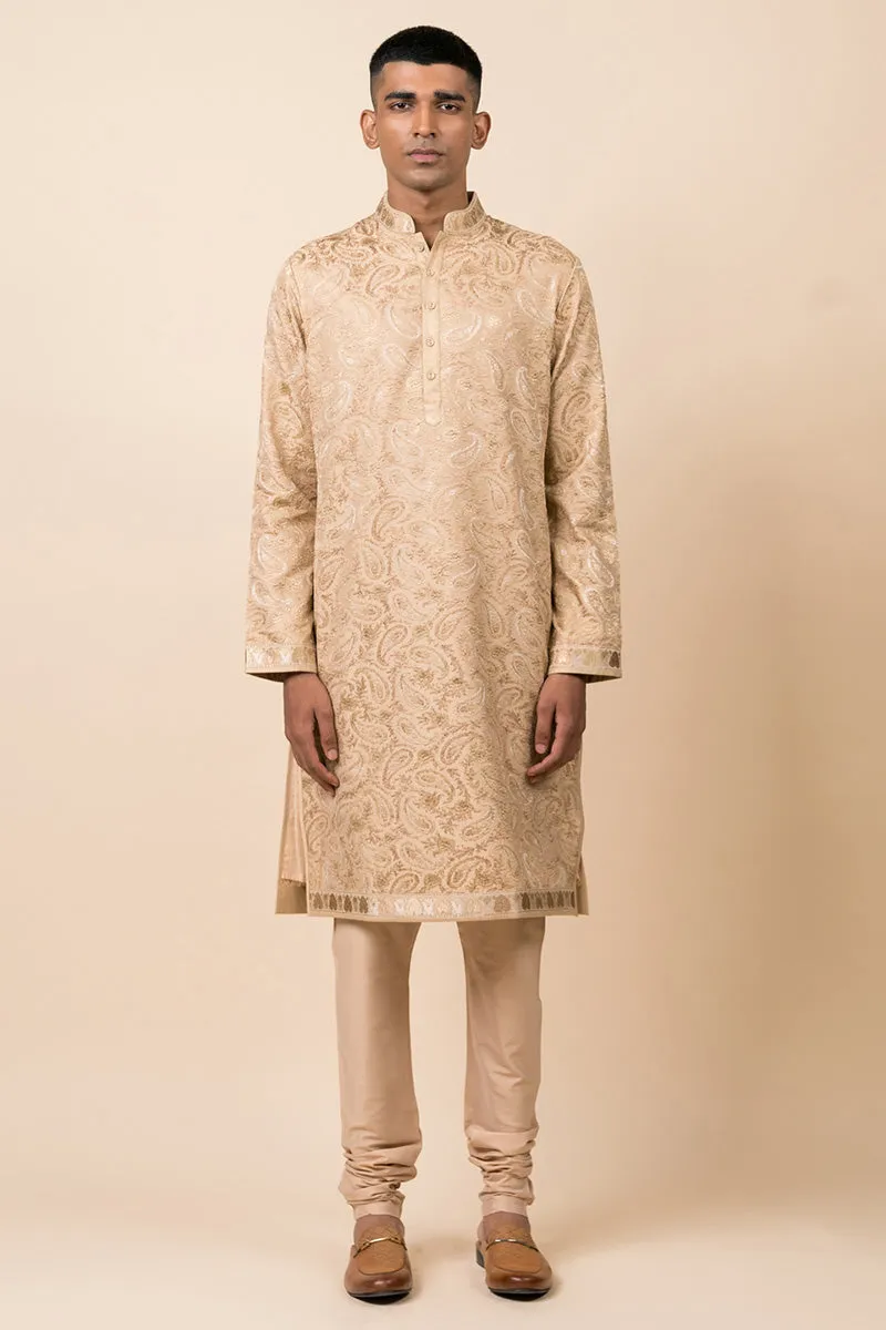 Beige Resham And Zari Embroidered Kurta Set