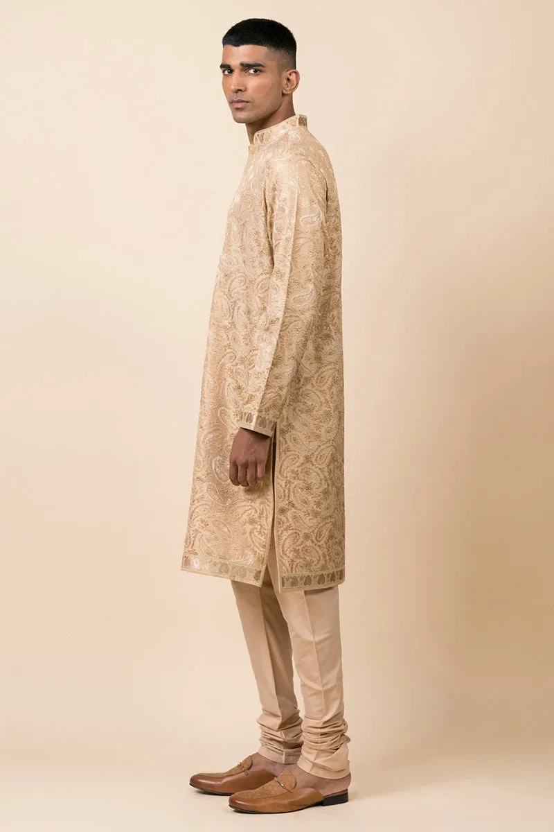 Beige Resham And Zari Embroidered Kurta Set