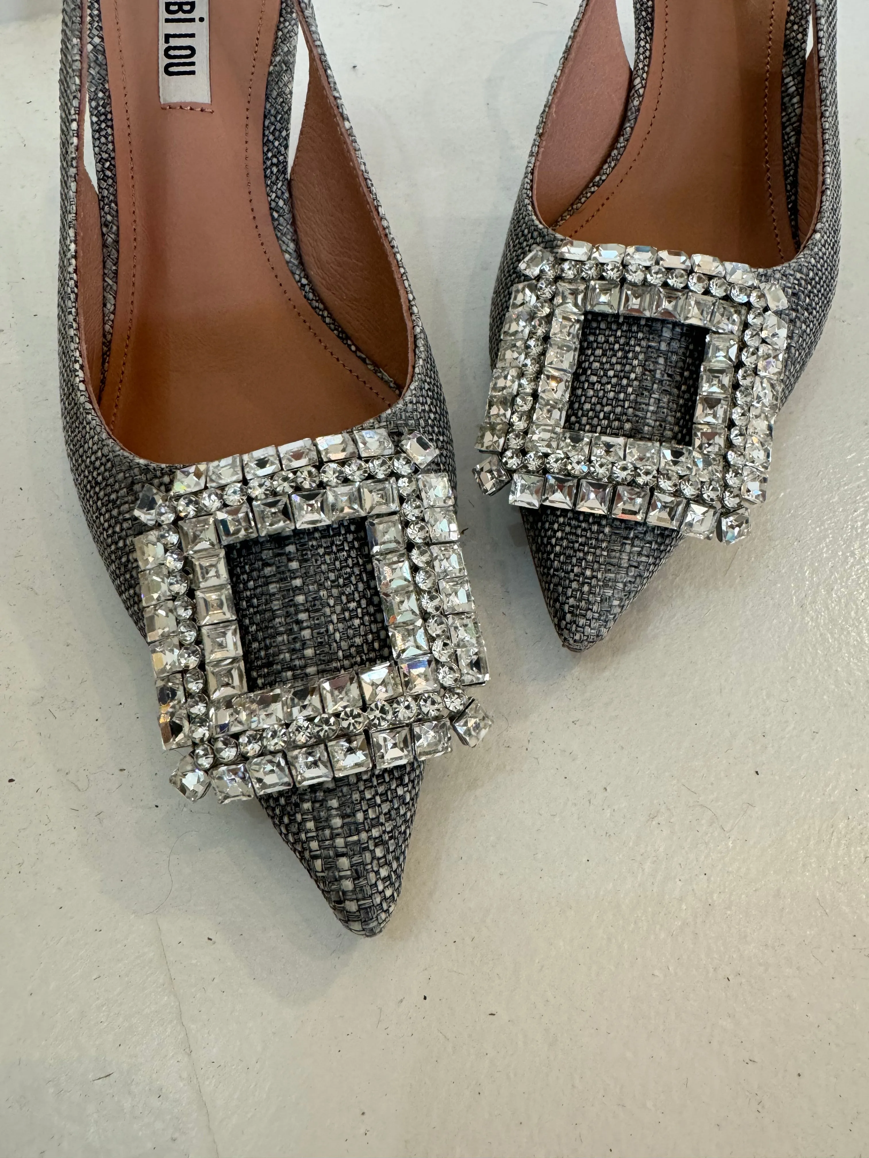 Bibi Lou Grey Raffia Crystal Slingback