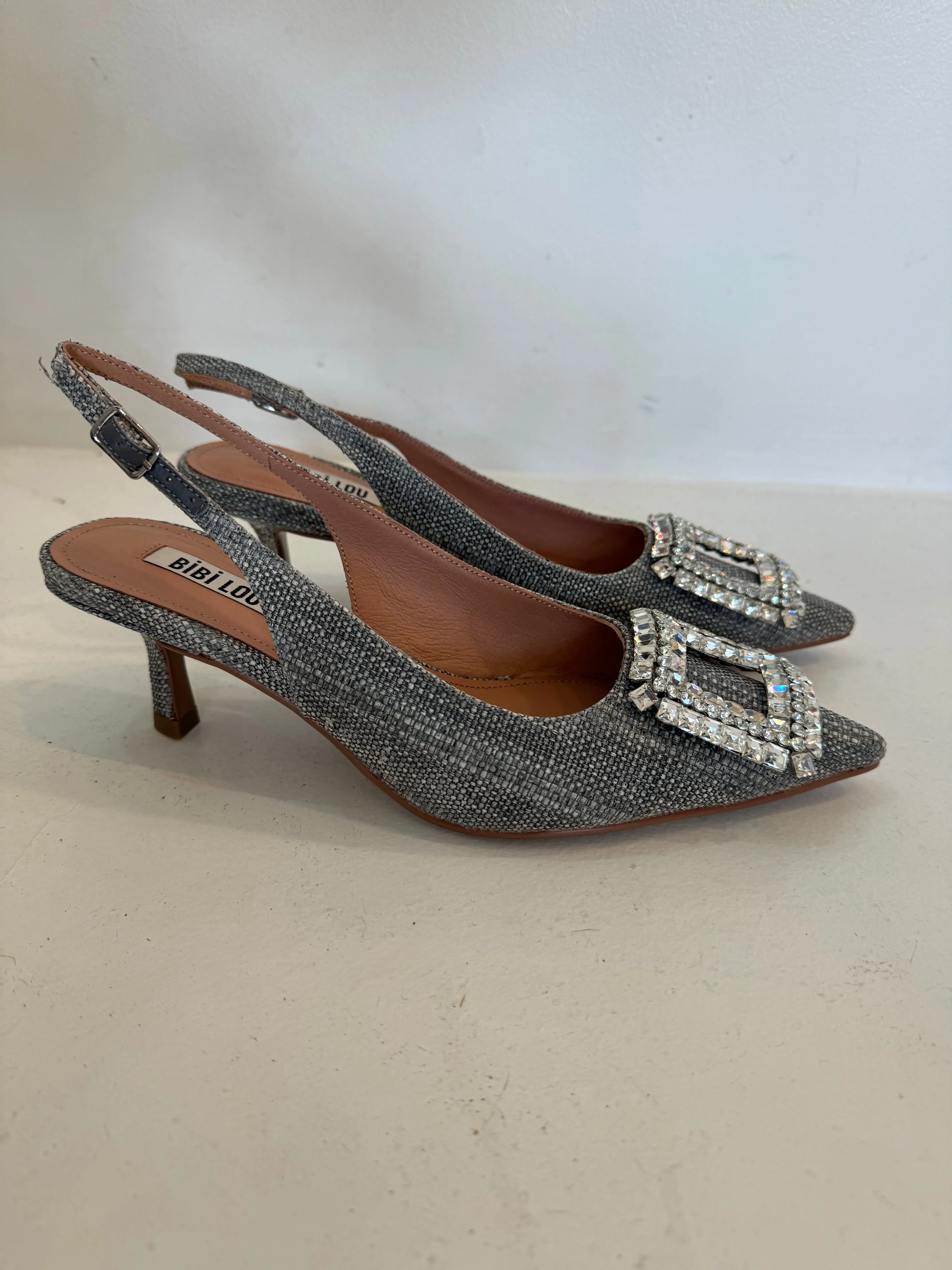 Bibi Lou Grey Raffia Crystal Slingback