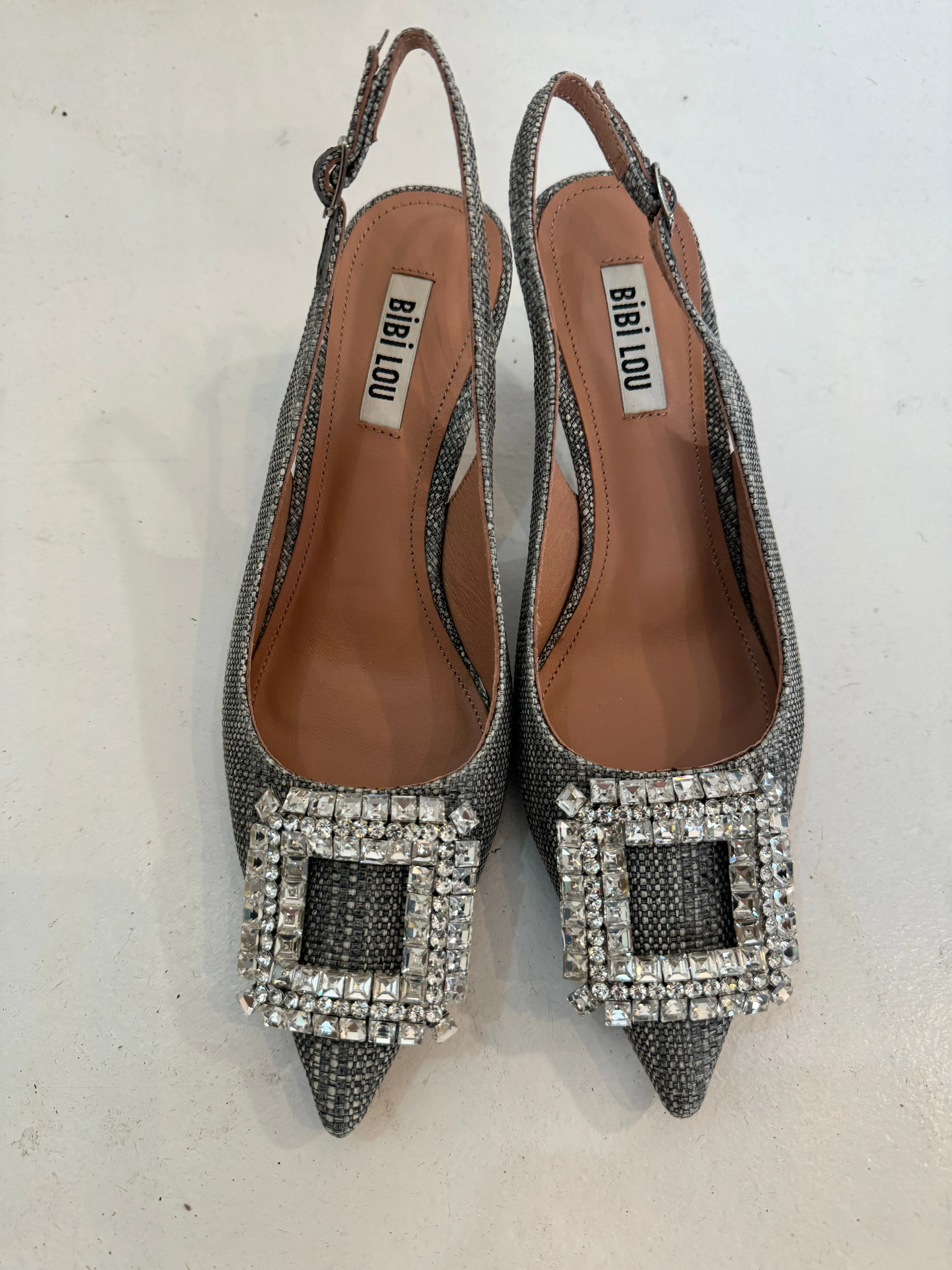 Bibi Lou Grey Raffia Crystal Slingback