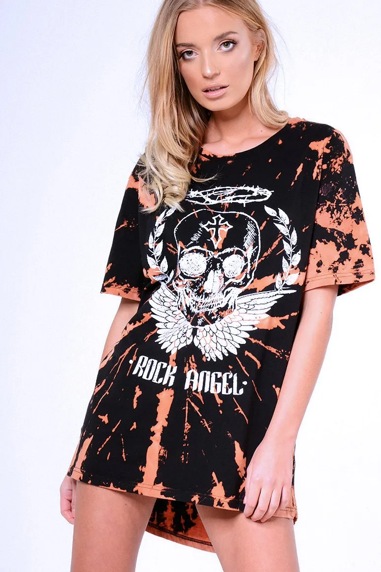 Black Acid Wash Tie Dye 'Rock Angel' T-Shirt Dress - Thea