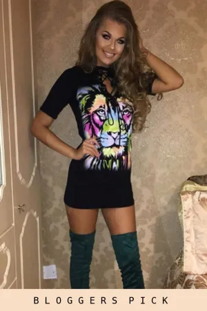 Black Multi Coloured Lion Print Lace Up T Shirt Dress - Lilly