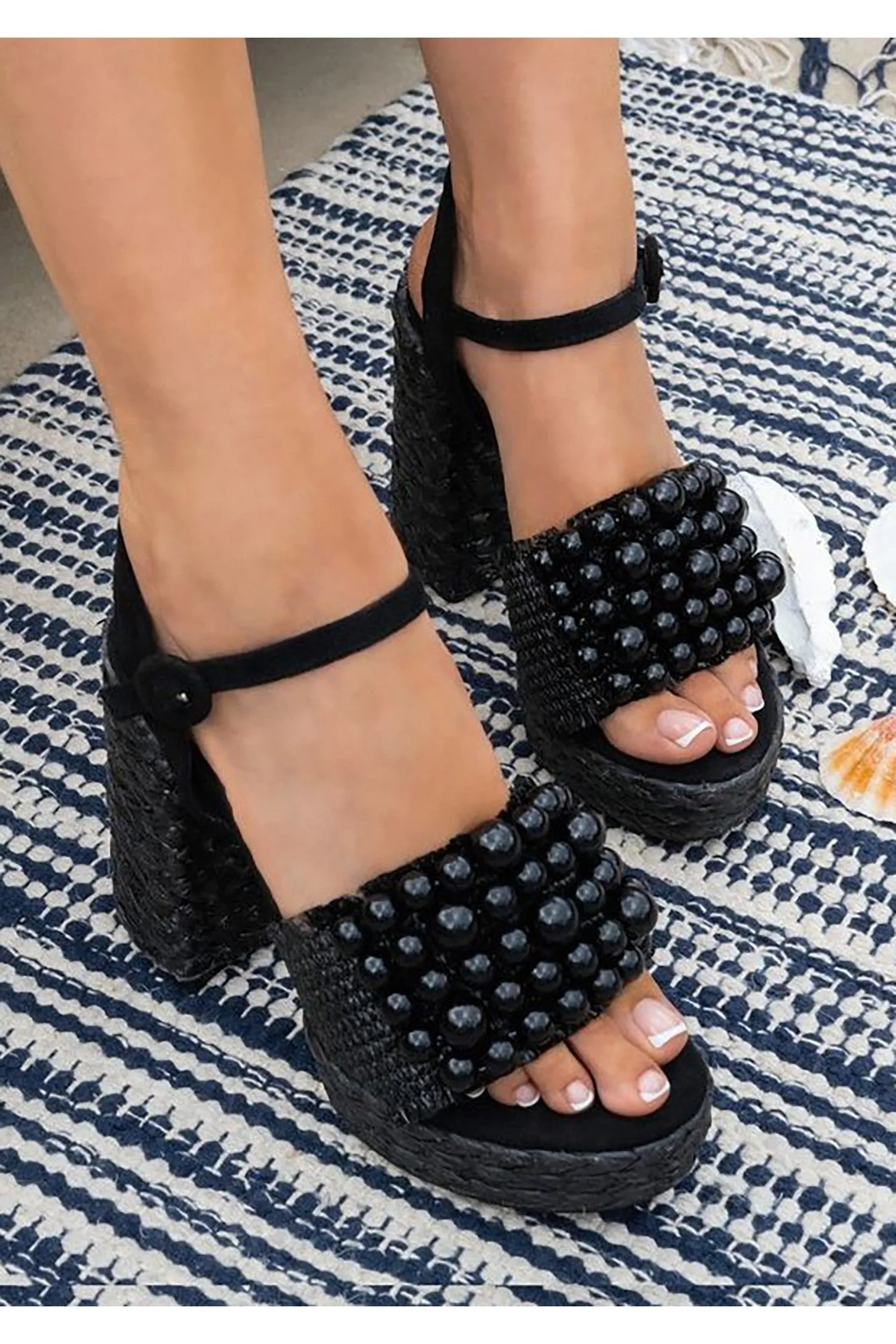 Black Pearl Detail Strap, Raffia Chunk Heel