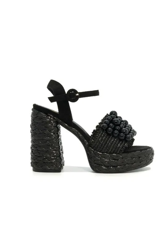 Black Pearl Detail Strap, Raffia Chunk Heel