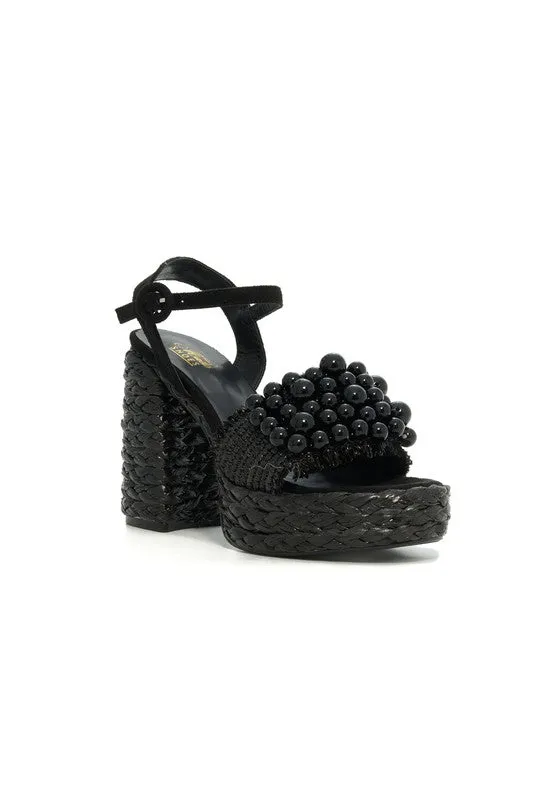 Black Pearl Detail Strap, Raffia Chunk Heel