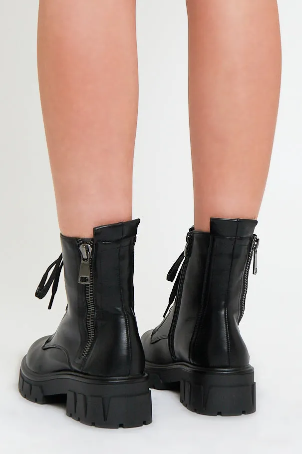 Black Side Zip Faux Leather Ankle High Boots - Hanan