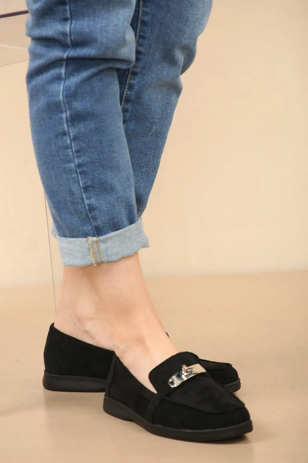 BLACK SUEDE CASUAL METAL DETAIL LOAFERS