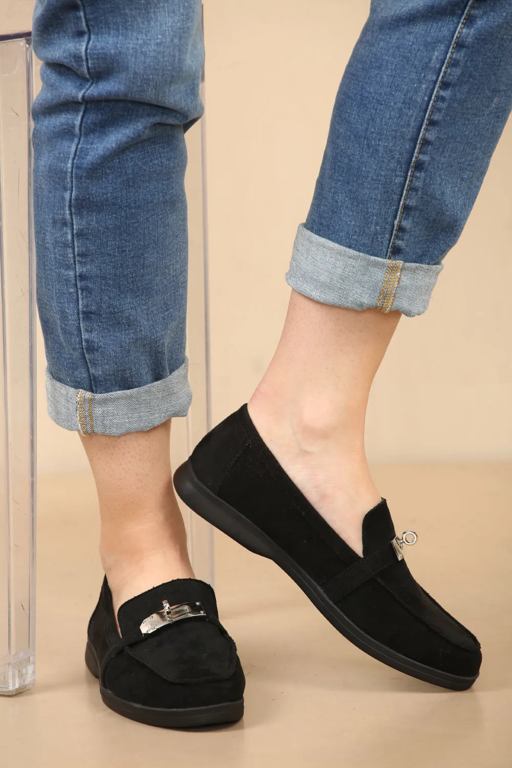 BLACK SUEDE CASUAL METAL DETAIL LOAFERS