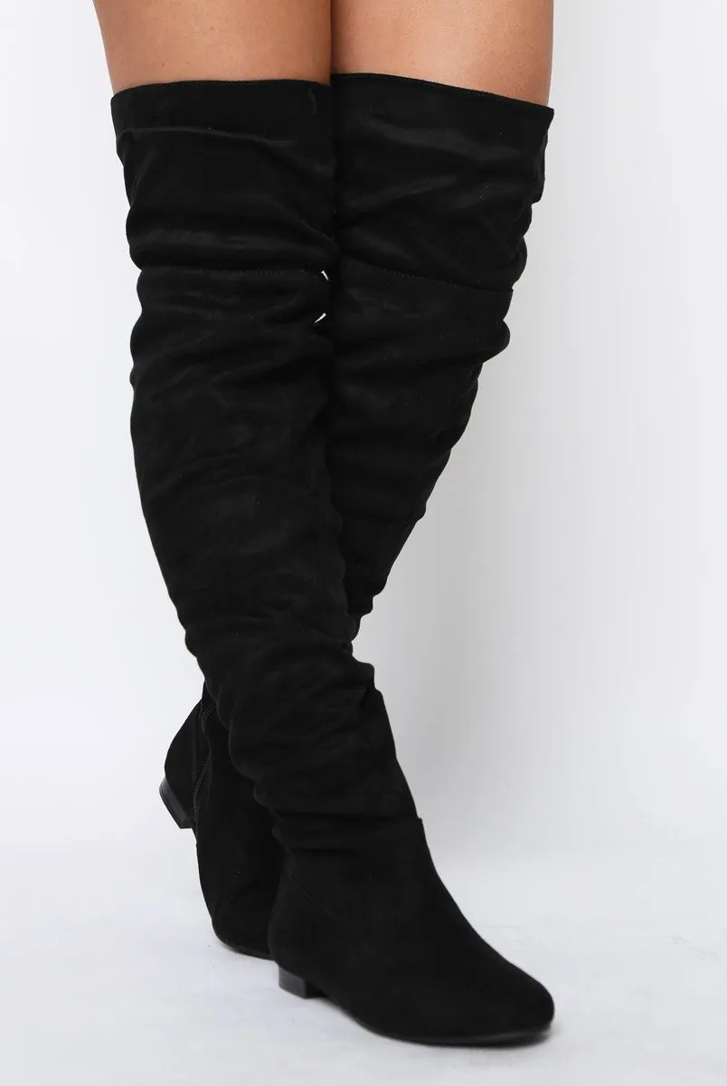 Black Suede Split Back Flat Over The Knee Boots - Cersei