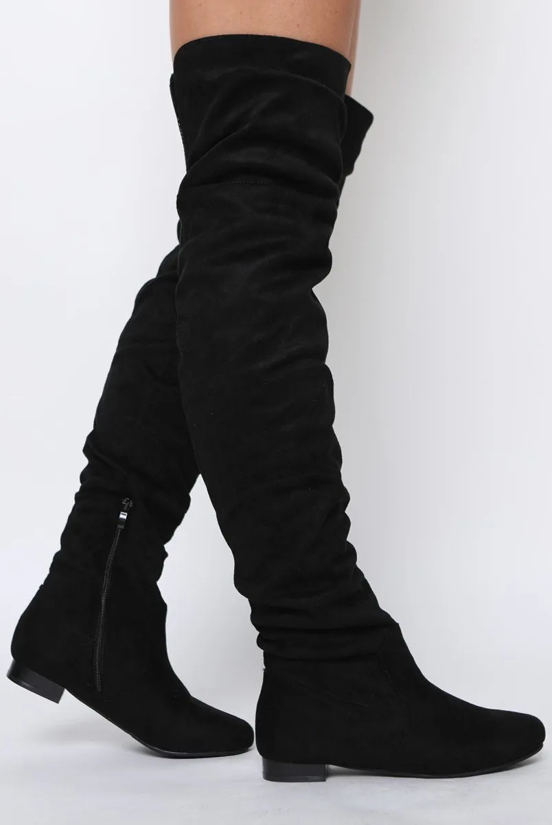 Black Suede Split Back Flat Over The Knee Boots - Cersei