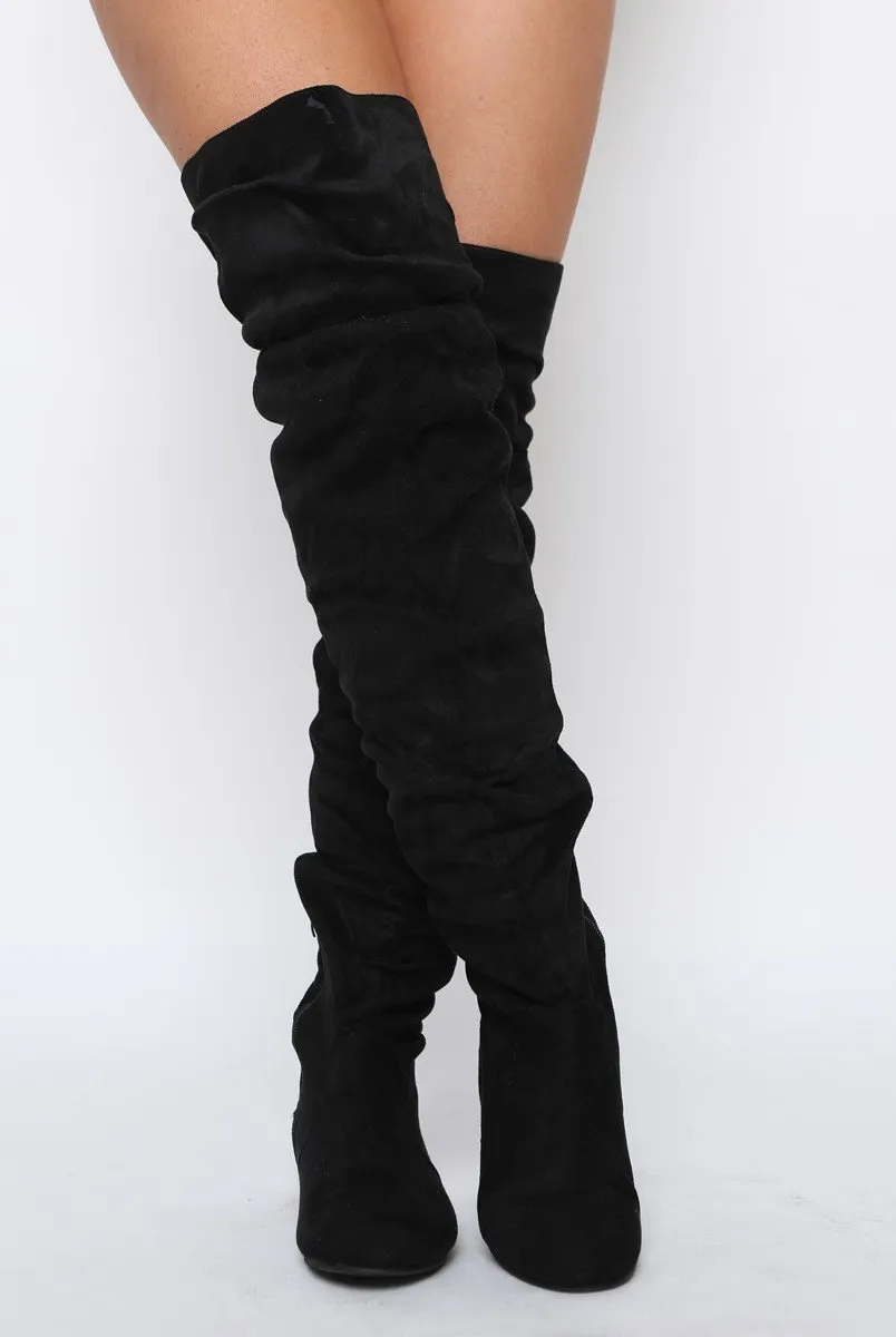 Black Suede Split Back Flat Over The Knee Boots - Cersei