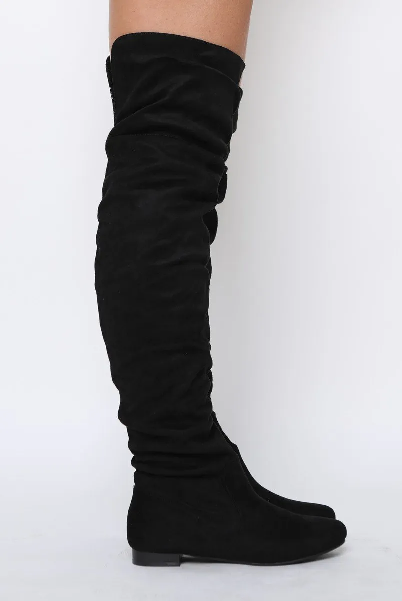 Black Suede Split Back Flat Over The Knee Boots - Cersei