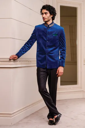 Blue Velvet Bandhgala With Zardozi Embroidery