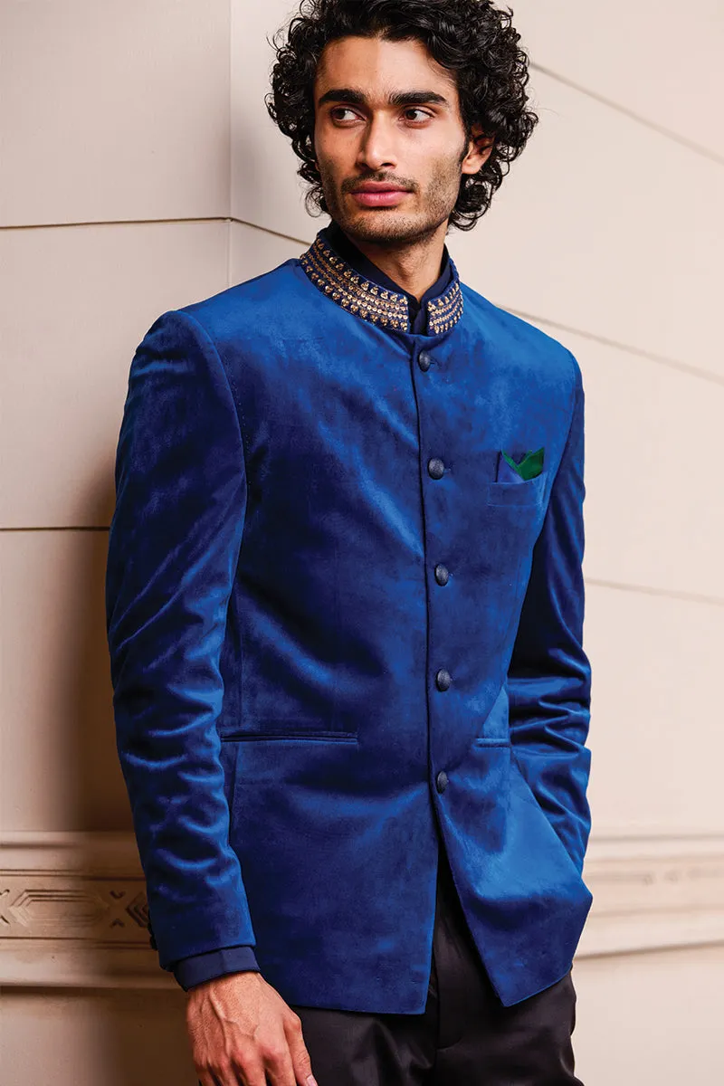 Blue Velvet Bandhgala With Zardozi Embroidery