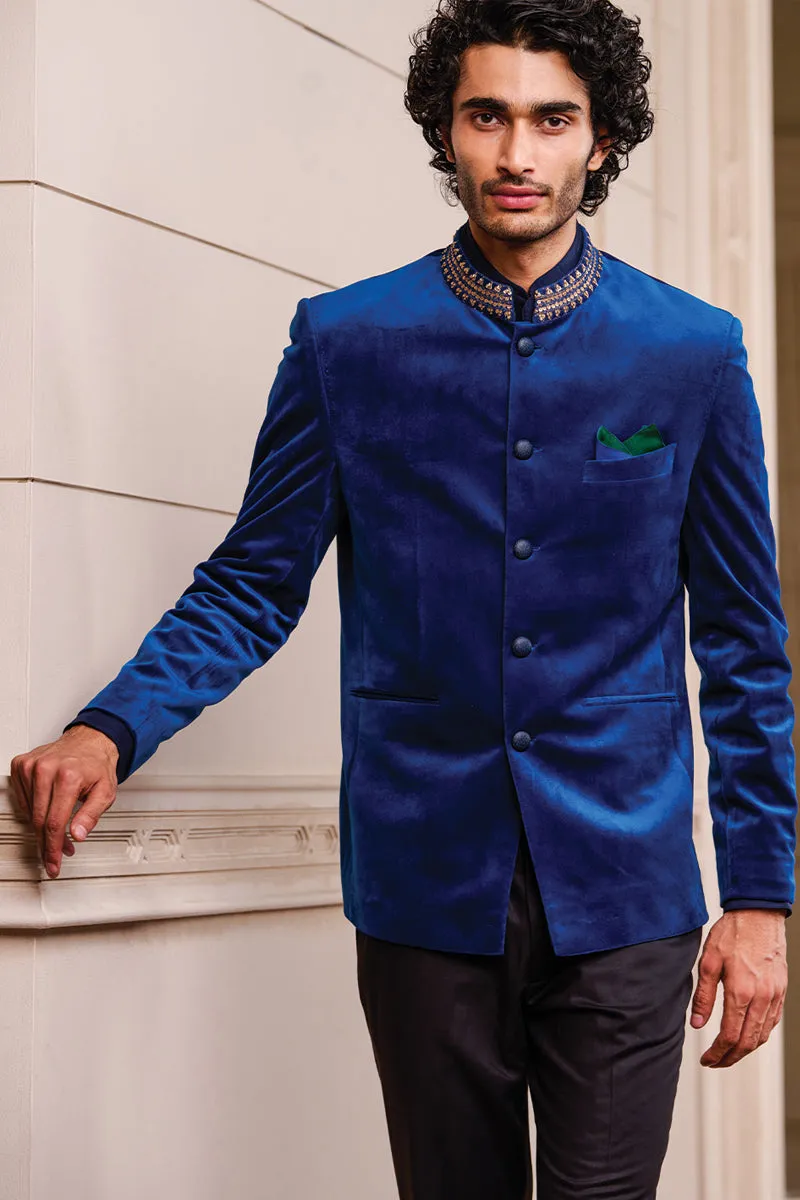 Blue Velvet Bandhgala With Zardozi Embroidery