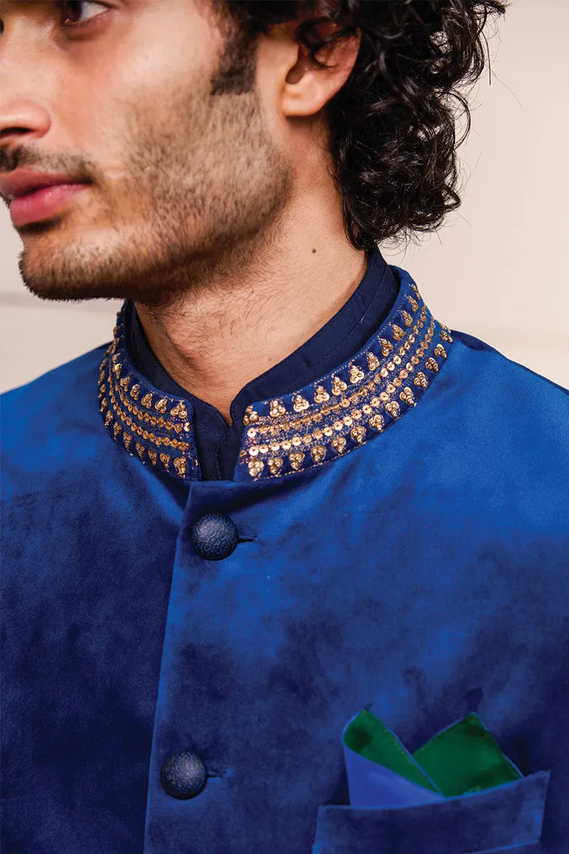 Blue Velvet Bandhgala With Zardozi Embroidery