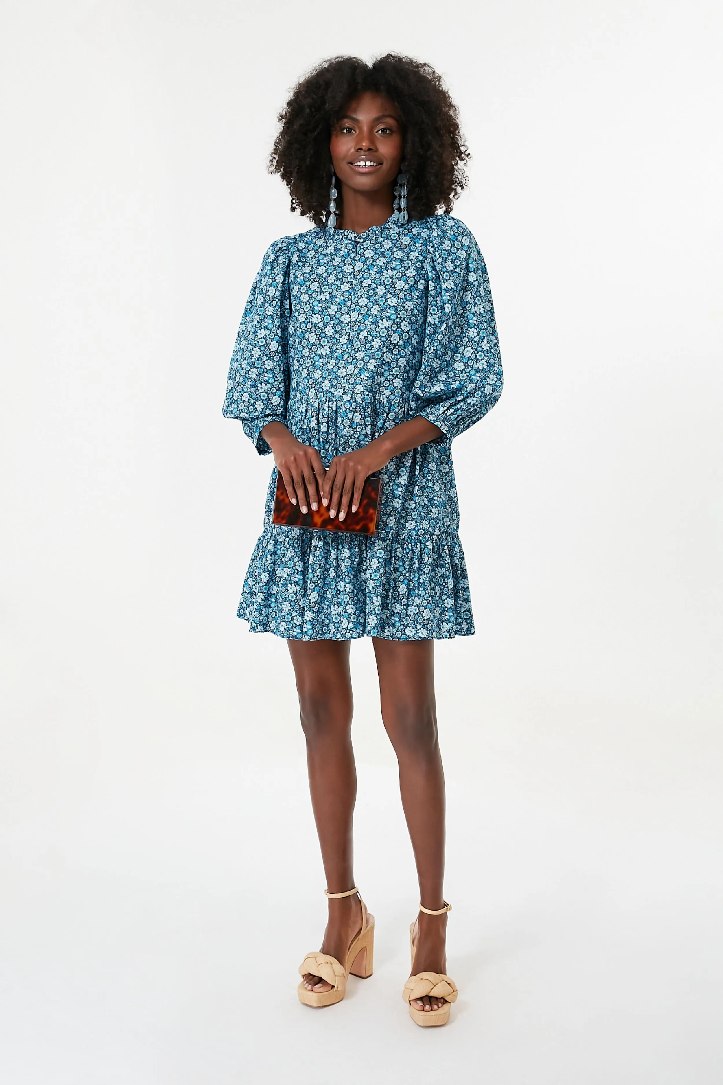 Blue Zip Front Flora Mini Dress