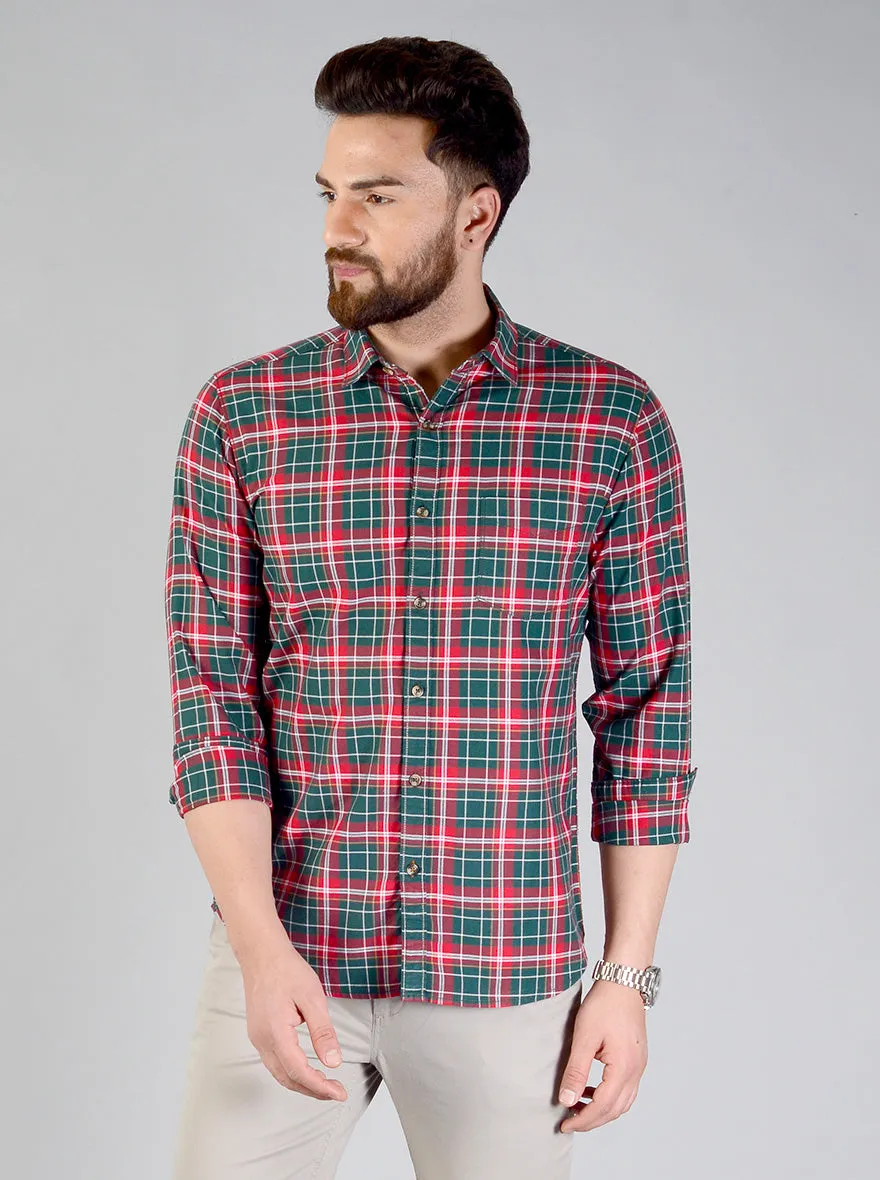 Bottle Green & Red Checked Slim Fit Casual Shirt | JadeBlue