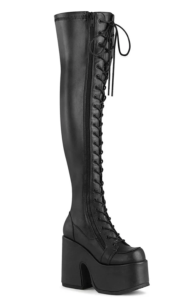 Camel-300 Black Matte Vegan Thigh High Boots