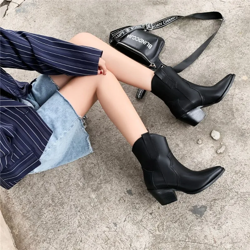 Chic Cowgirl Fashion Vegan Leather Pointed Toe Ankle Boots