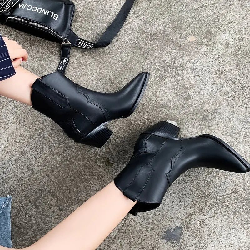 Chic Cowgirl Fashion Vegan Leather Pointed Toe Ankle Boots