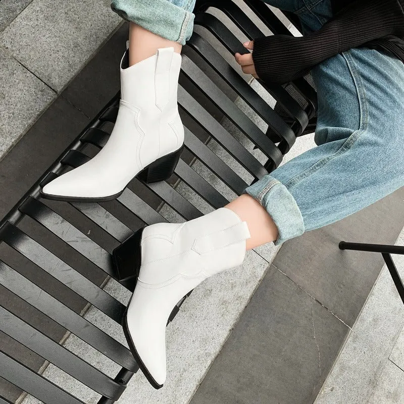 Chic Cowgirl Fashion Vegan Leather Pointed Toe Ankle Boots