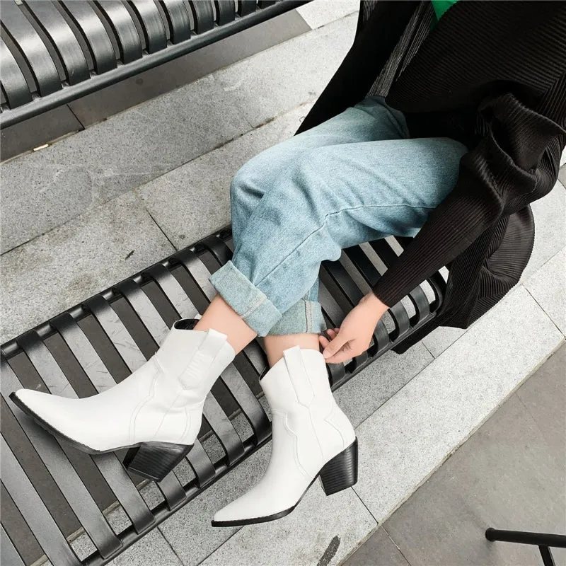 Chic Cowgirl Fashion Vegan Leather Pointed Toe Ankle Boots