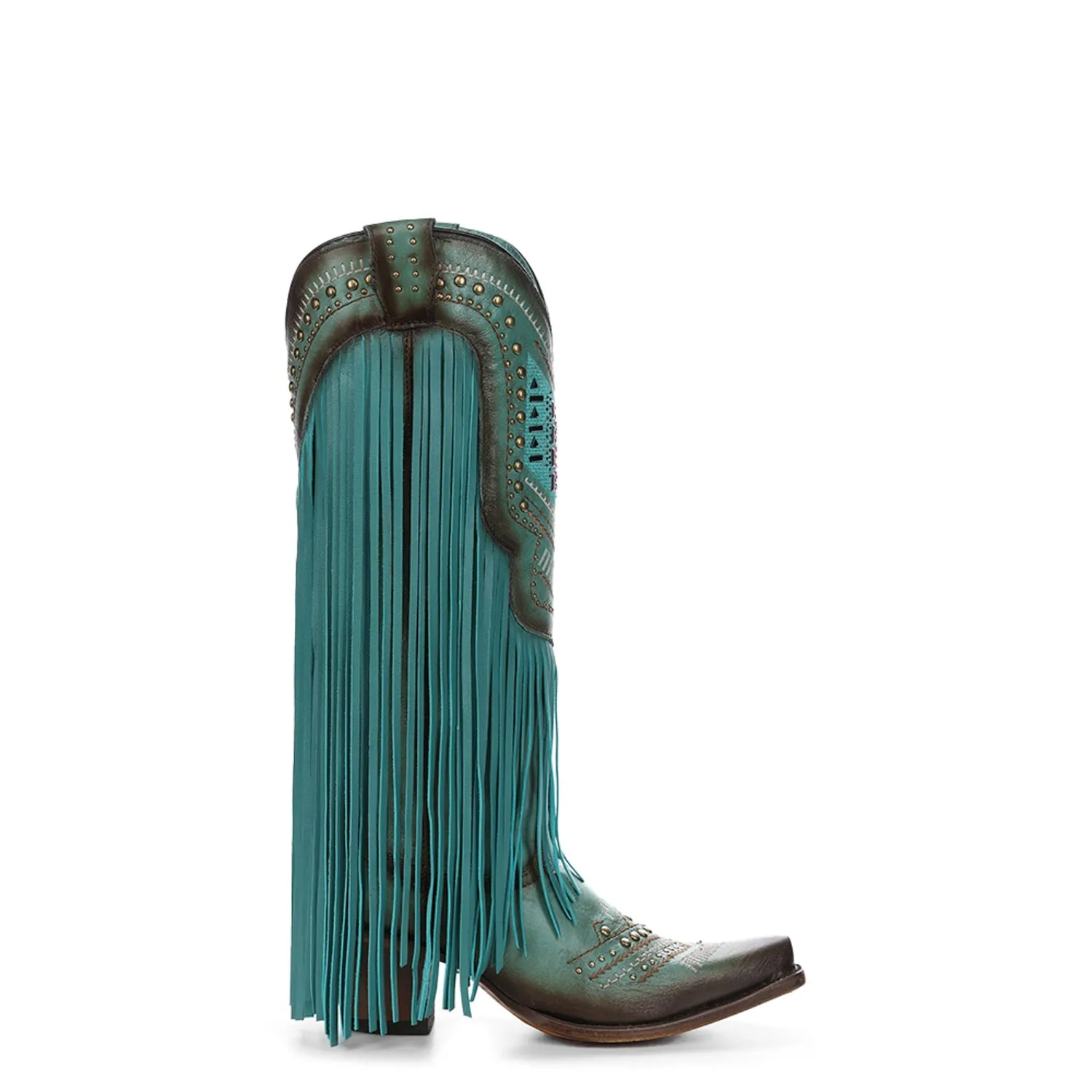 Corral Womens Crystal Embroidery Fringe Snip Turquoise Lamb 14in Cowboy Boots