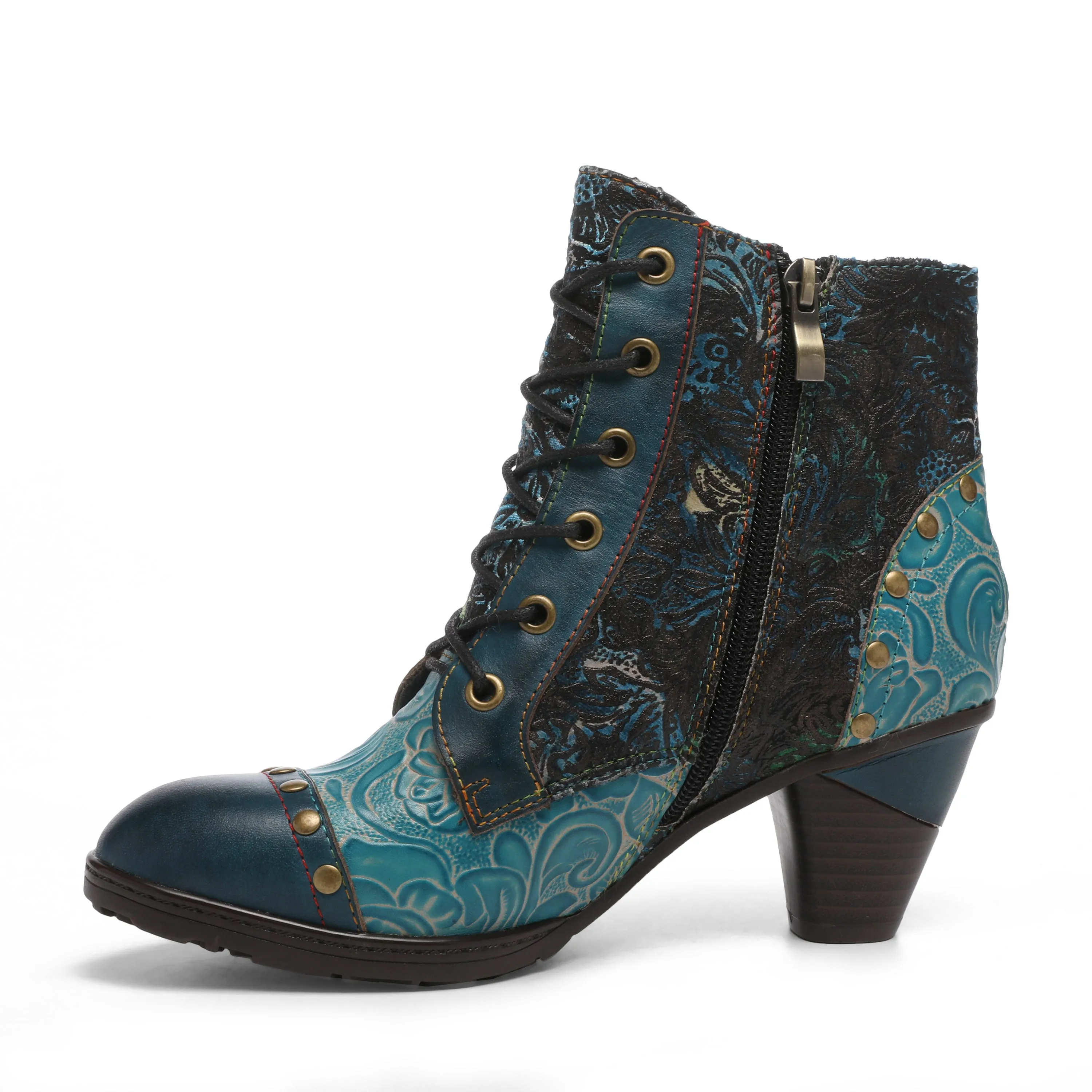 CrazycatZ Womens  Boots Bohemian Block Heel Leather Floral Boots Colorful Leather Heeled Ankle Boots Studded Light Blue