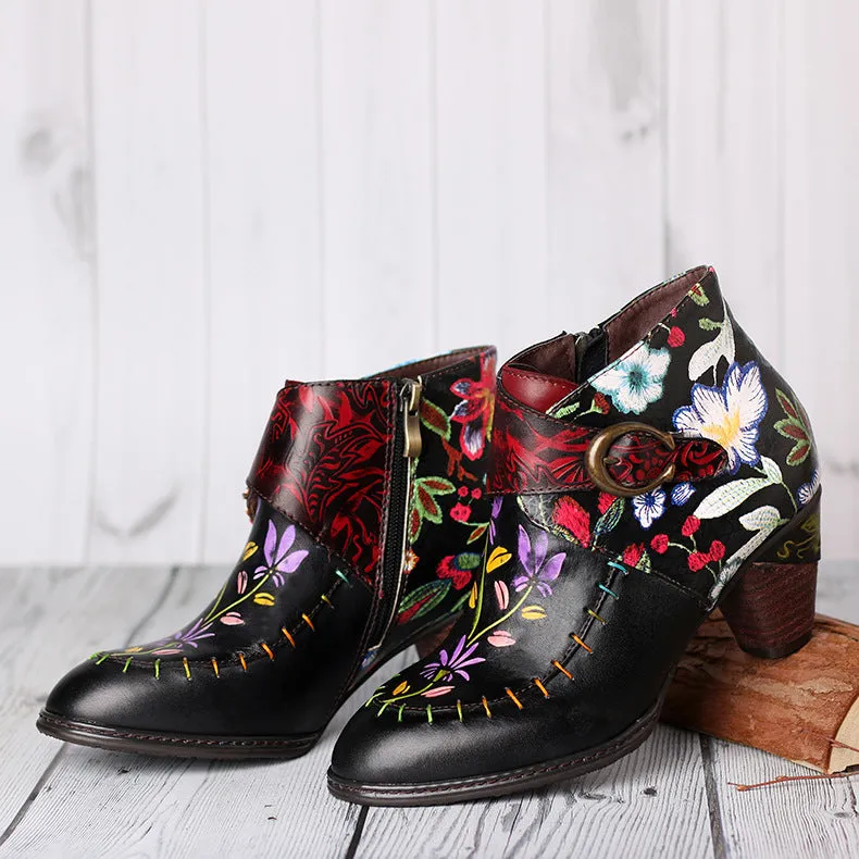 CrazycatZ Womens  Boots Floral Block Heel Leather Western Boots Colorful Leather Boots Black