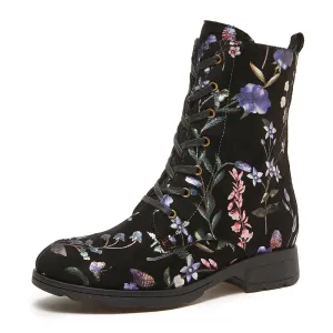 CrazycatZ Womens Boots Floral Lace Up Leather  Colorful Ankle Boots Purple Flower