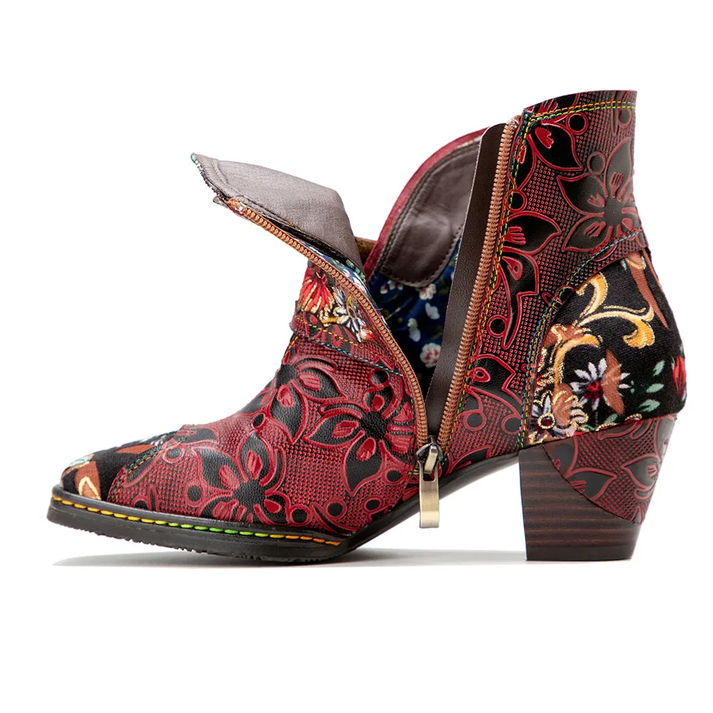 CrazycatZ Womens Leather Ankle Boots Bohemian Block Heel Colorful Floral Leather Boots Red