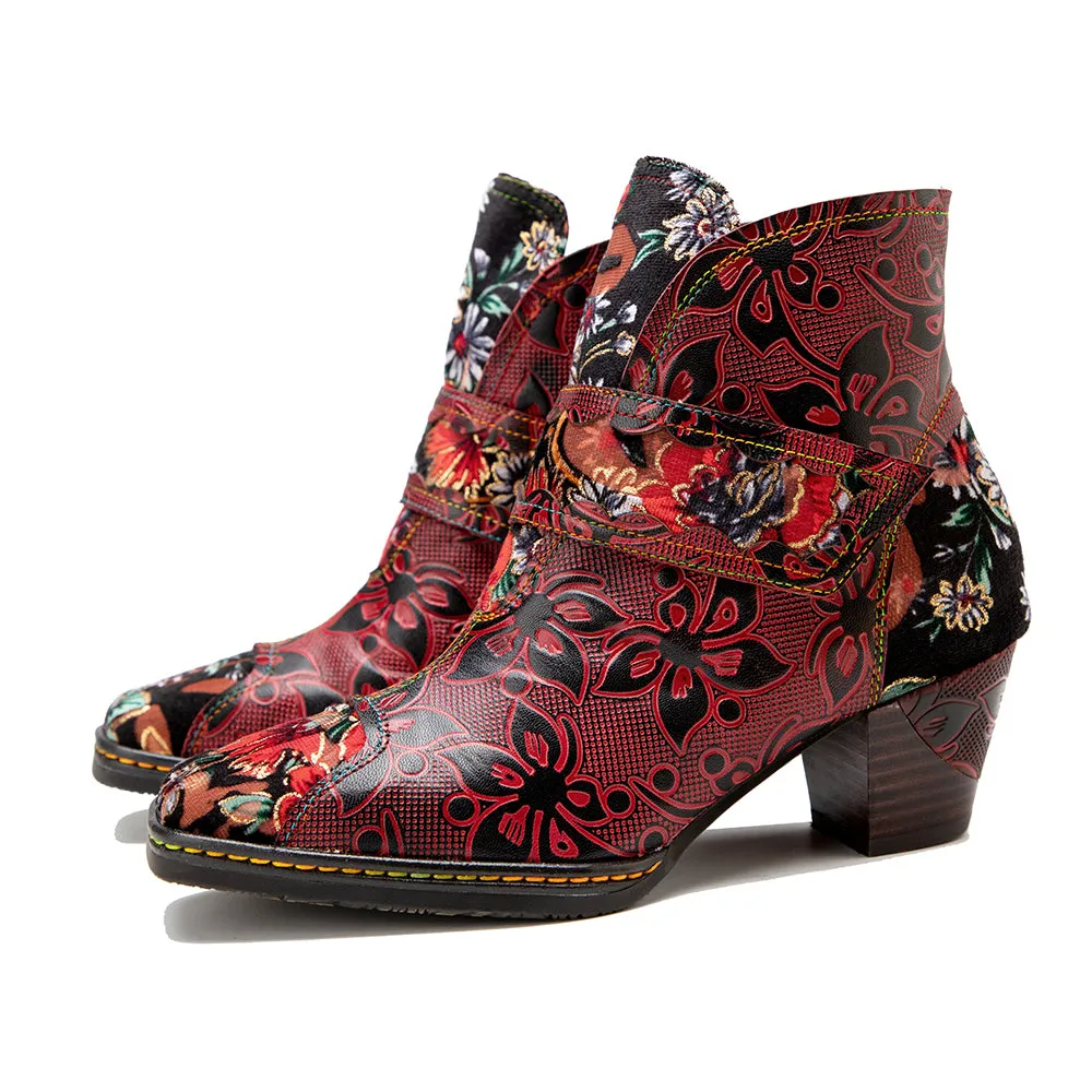 CrazycatZ Womens Leather Ankle Boots Bohemian Block Heel Colorful Floral Leather Boots Red