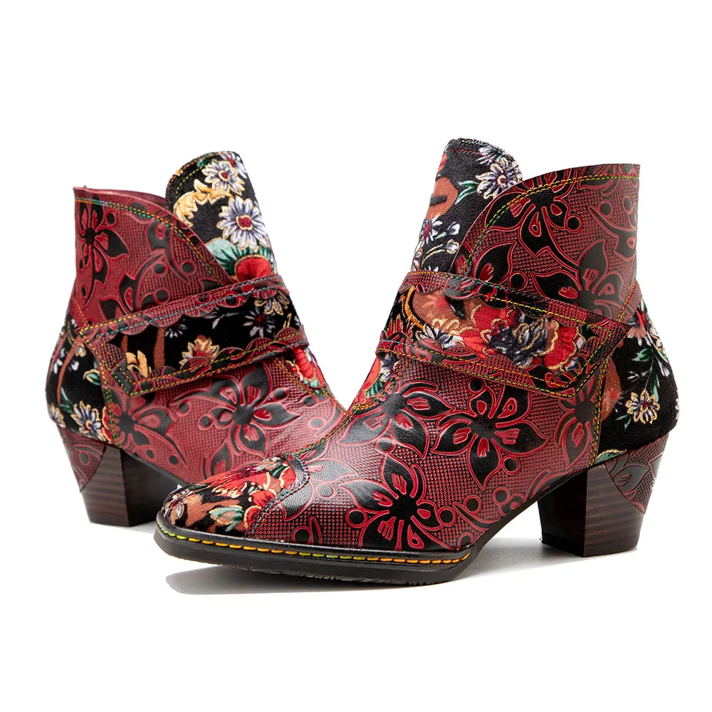 CrazycatZ Womens Leather Ankle Boots Bohemian Block Heel Colorful Floral Leather Boots Red