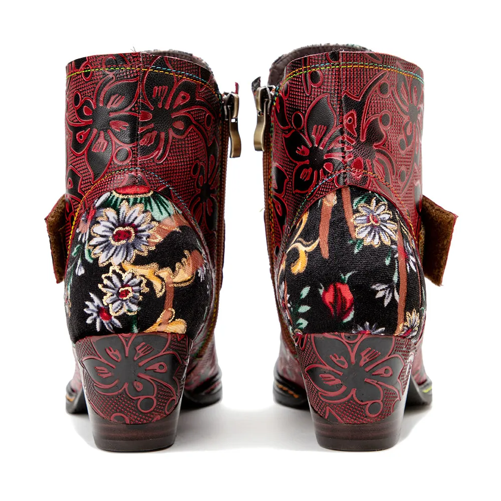 CrazycatZ Womens Leather Ankle Boots Bohemian Block Heel Colorful Floral Leather Boots Red