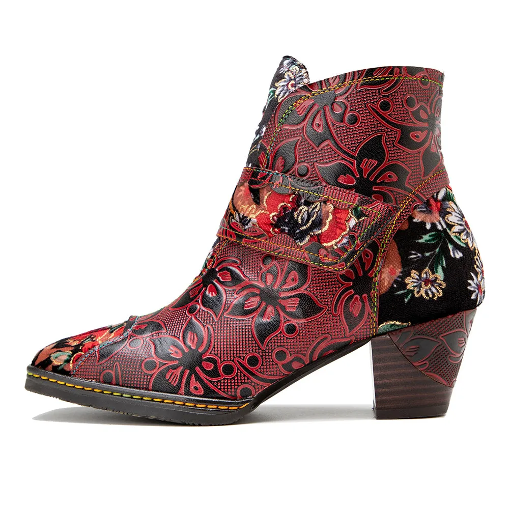 CrazycatZ Womens Leather Ankle Boots Bohemian Block Heel Colorful Floral Leather Boots Red