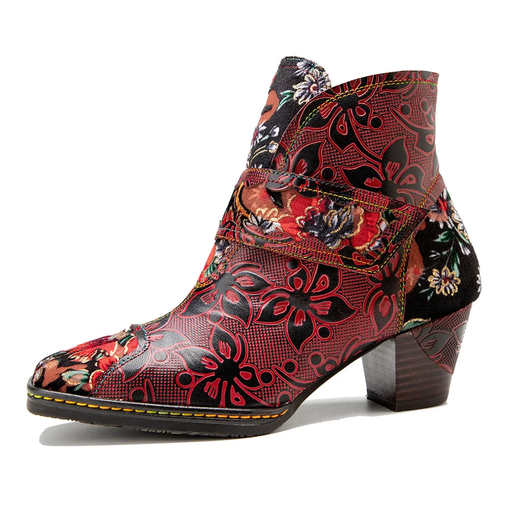 CrazycatZ Womens Leather Ankle Boots Bohemian Block Heel Colorful Floral Leather Boots Red