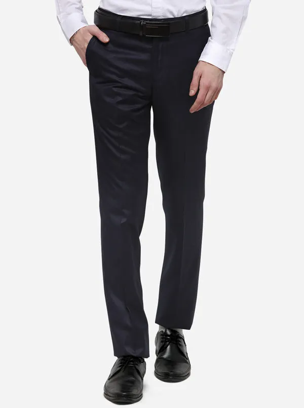 Dark Blue Solid Slim Fit Formal Trouser | Metal