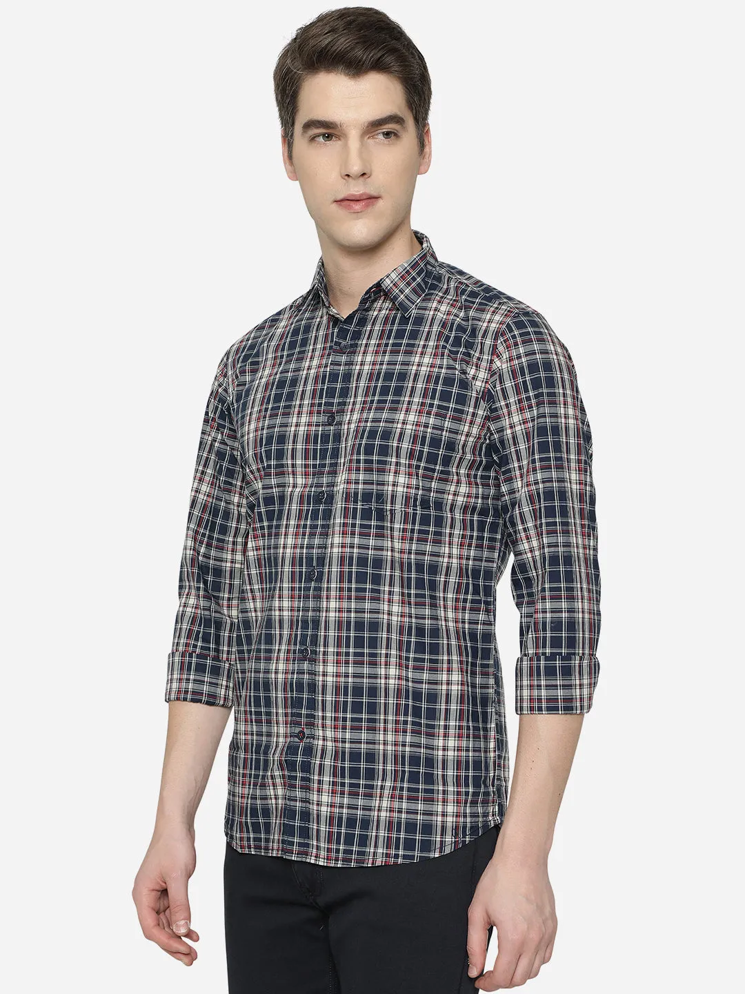 Dress Blue Checked Slim Fit Semi Casual Shirt | JadeBlue