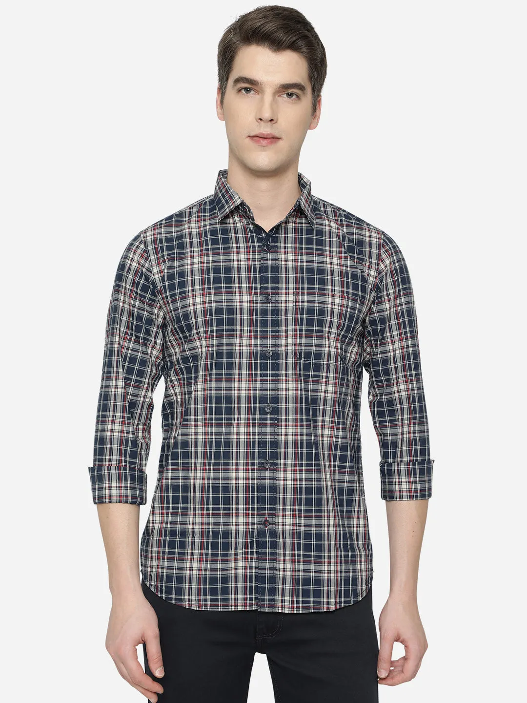 Dress Blue Checked Slim Fit Semi Casual Shirt | JadeBlue