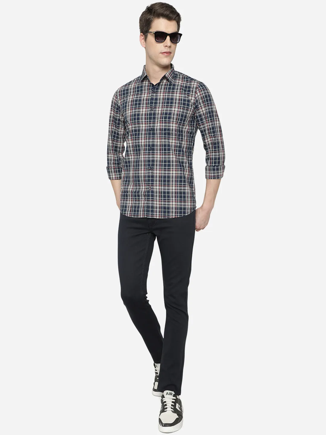 Dress Blue Checked Slim Fit Semi Casual Shirt | JadeBlue