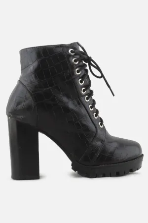 European Brand Zipper Laces Block Heels Ankle Boots | 100% Synthetic Leather