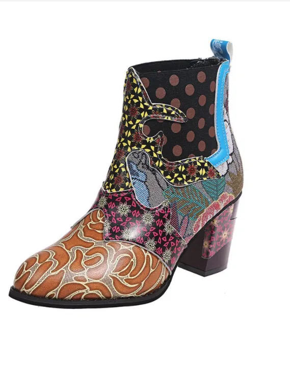 Fashion Floral Chunky Heel Ankle Boots