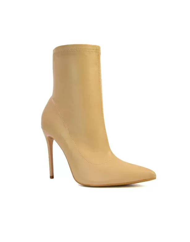 Felix Pointed Toe Stretchy Sock Ankle Boots With Stiletto Heel in Nude