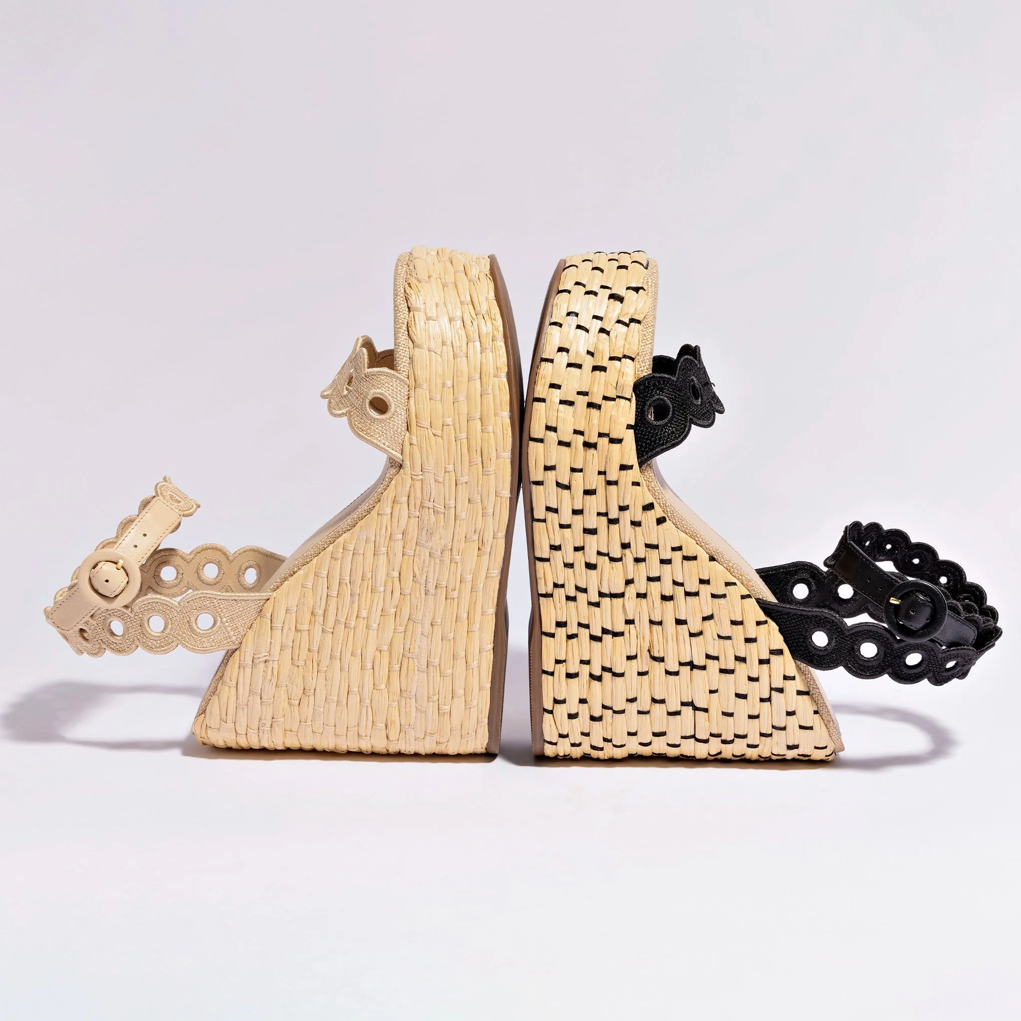 Florence Broderie Wedge In Beige and Black Raffia